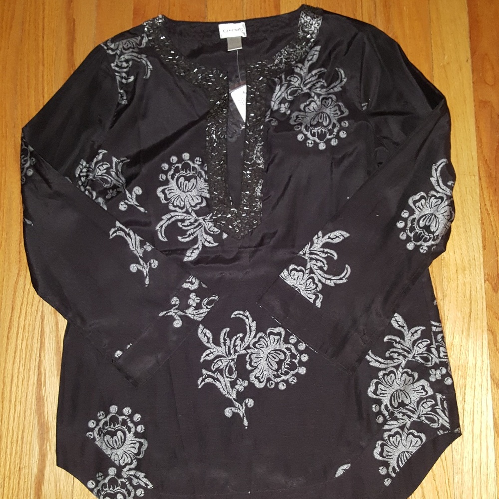 CHICO'S Black Embellished Floral Print Tunic Top - Picture 3 of 8